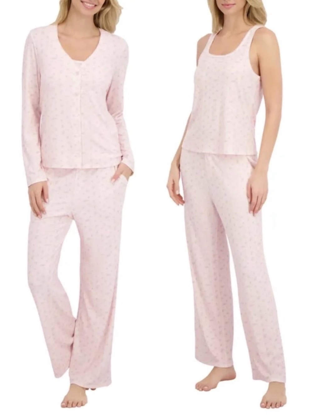 Women's Soft Pink Floral 3-Piece Pajama Set - Tank & Long Sleeve
